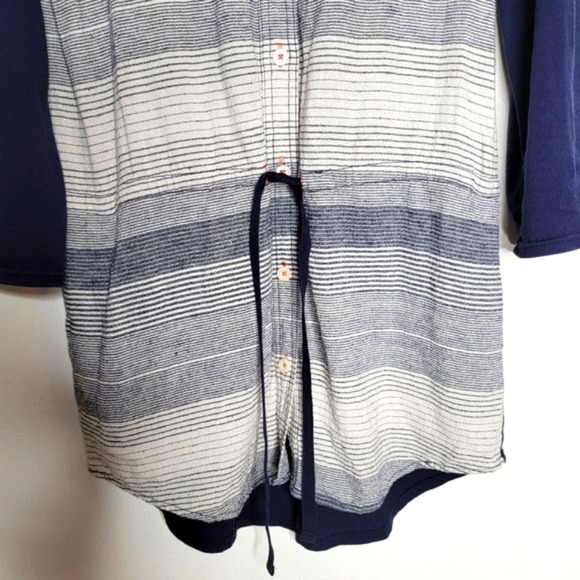 9-H15 STCL Anthro Linen Stripe Tunic Top Navy Blue Women's Sz Medium Boho Casual - Picture 4 of 15